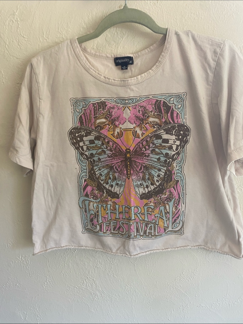 Originality Pale Cream Butterfly Graphic Crop Top